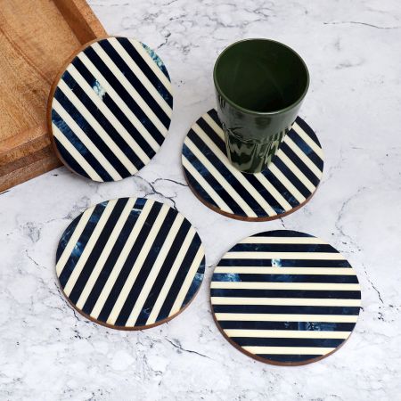 Modern Blue & White Wooden Coasters - Pack of 4